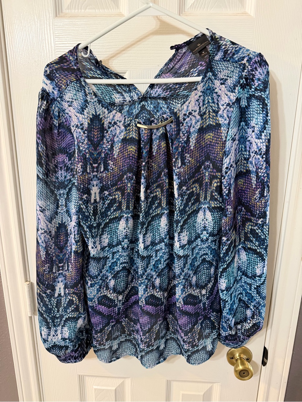 Women’s Worthington Long-Sleeve Animal Printed Blouse - Blue/Purple Size Medium.